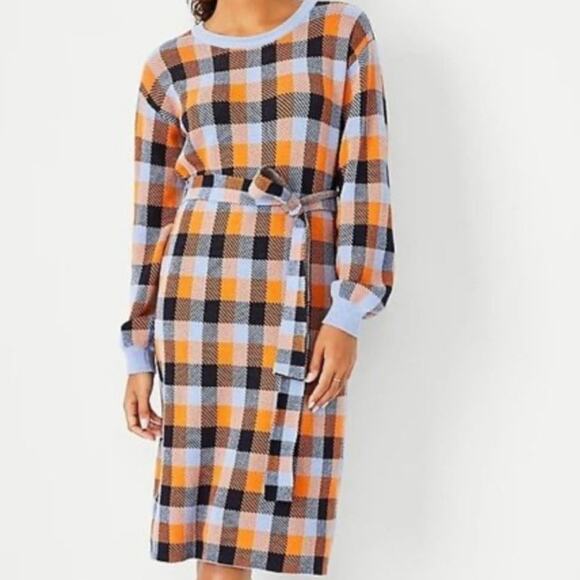 Ann Taylor Sweater Dress XXS Petite Orange Plaid Belted Midi Ponte Knit Work New - Picture 1 of 12